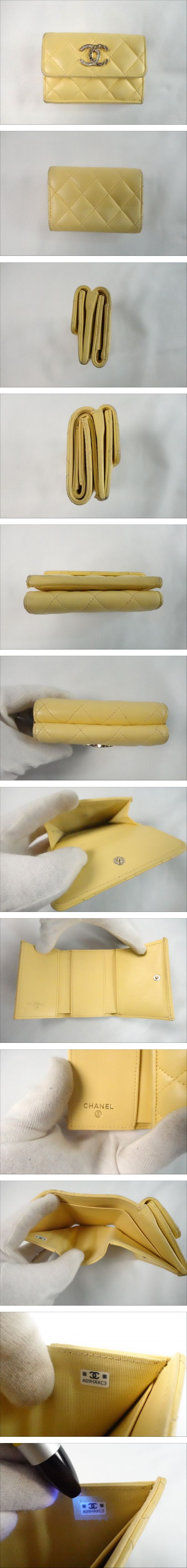 CHANEL シャネル 三つ折り財布 イエロー キルティング ブランド 財布
